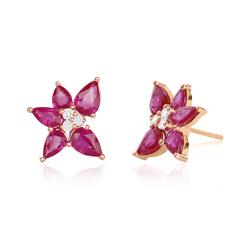 EF Collection Ruby & Diamond Trio Cluster Stud Earrings in rose gold on white background 