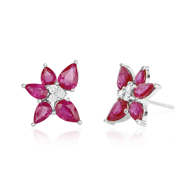 EF Collection Ruby & Diamond Trio Cluster Stud Earrings in white gold on white background 