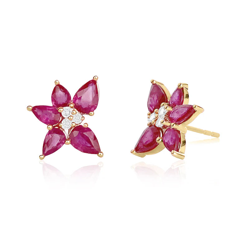 EF Collection Ruby & Diamond Trio Cluster Stud Earrings in yellow gold on white background 
