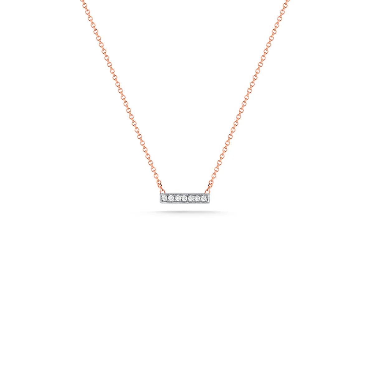 Product Shot of Dana Rebecca Designs Diamond Sylvie Rose Bar Necklace with a rose gold chain and diamonds over a white background