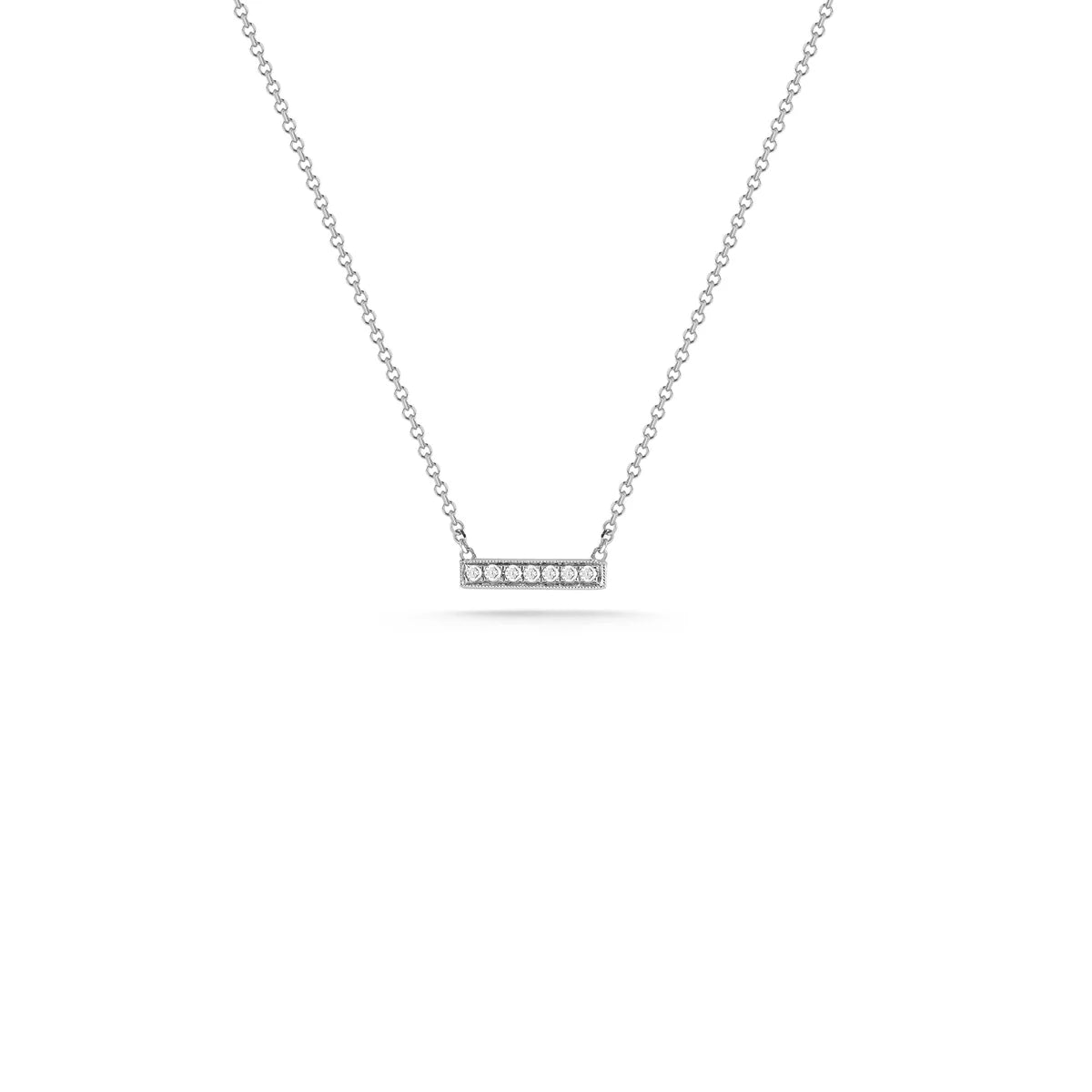 Product Shot of Dana Rebecca Designs Diamond Sylvie Rose Bar Necklace with a white gold chain and diamonds over a white background