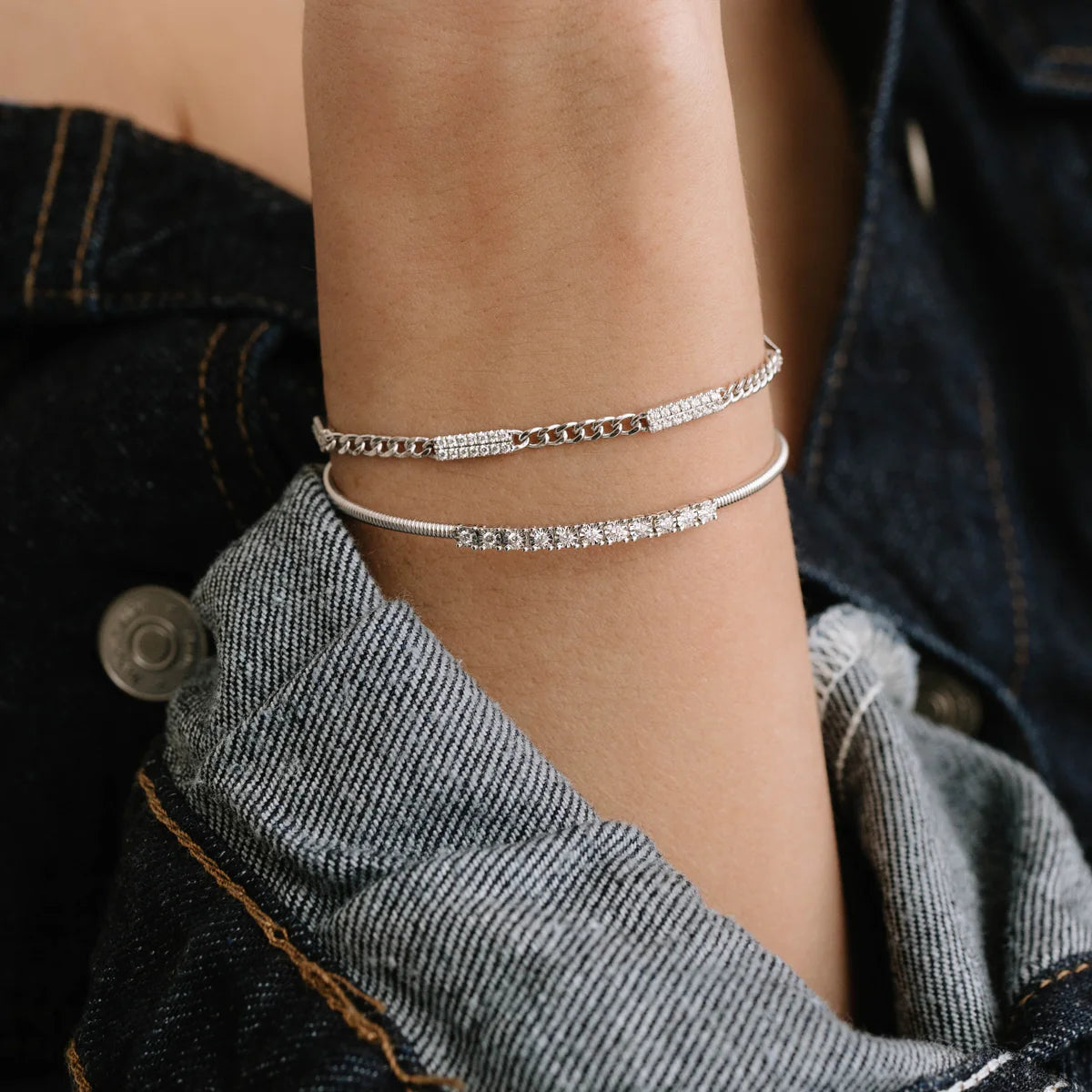 Dana Rebecca Design Sylvie Rose Cuban Chain Bar Bracelet in white gold styled on models wrist 