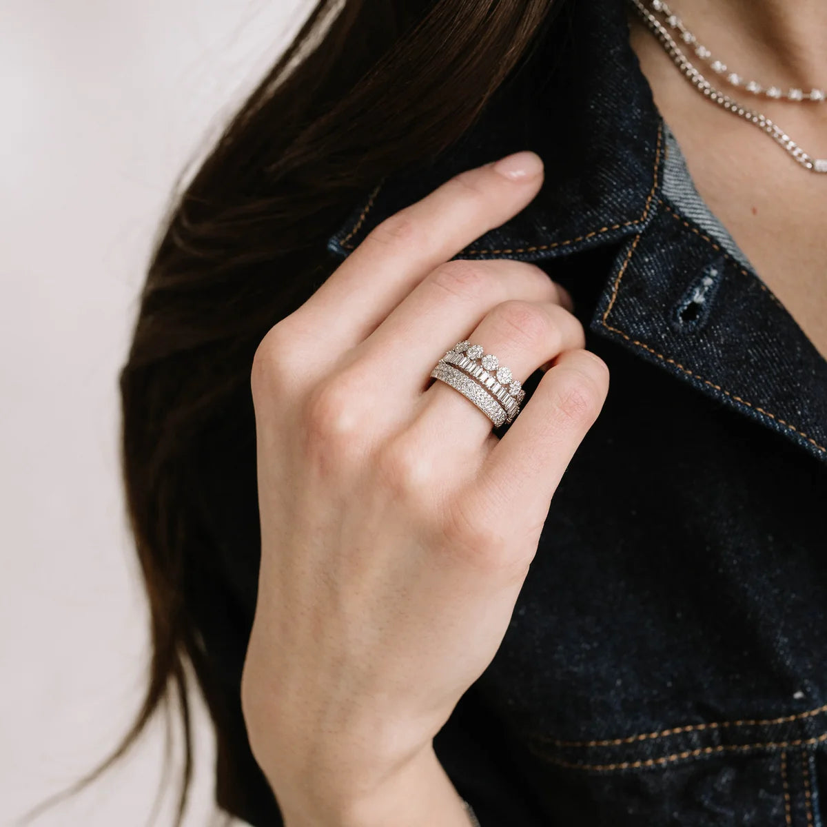 Dana Rebecca Designs Sylvie Rose Large Pavé Ring in white gold styled on models hand stacked with two other rings 