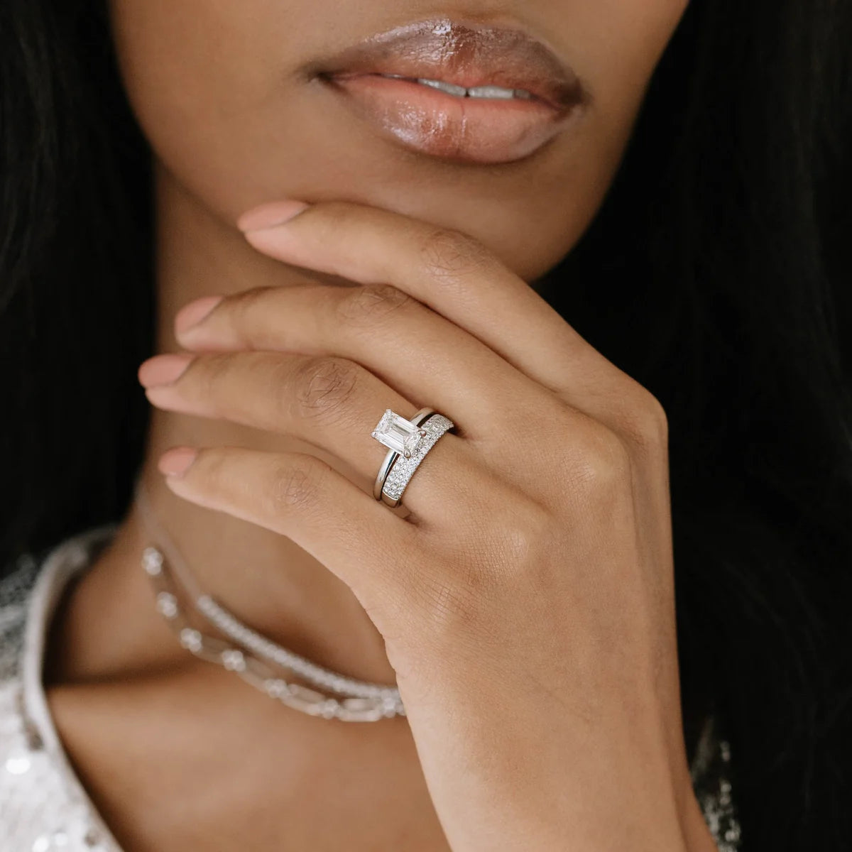Dana Rebecca Designs Sylvie Rose Large Pavé Ring in white gold styled on models hand with engagement ring