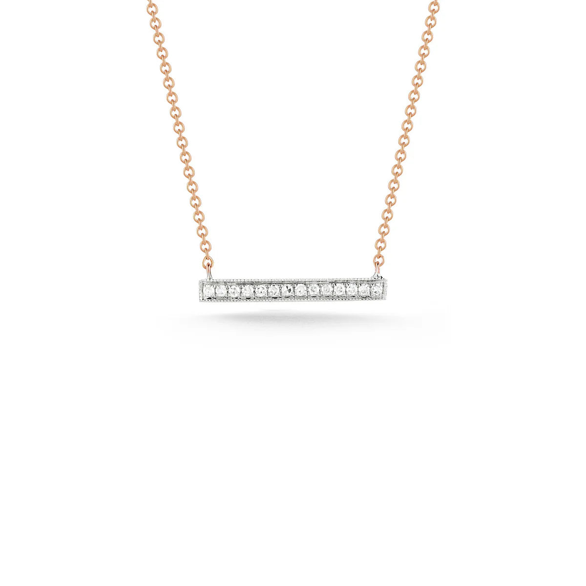 Product Shot of Sylvie Rose 14K rose Gold Medium Bar Necklace on a white background.