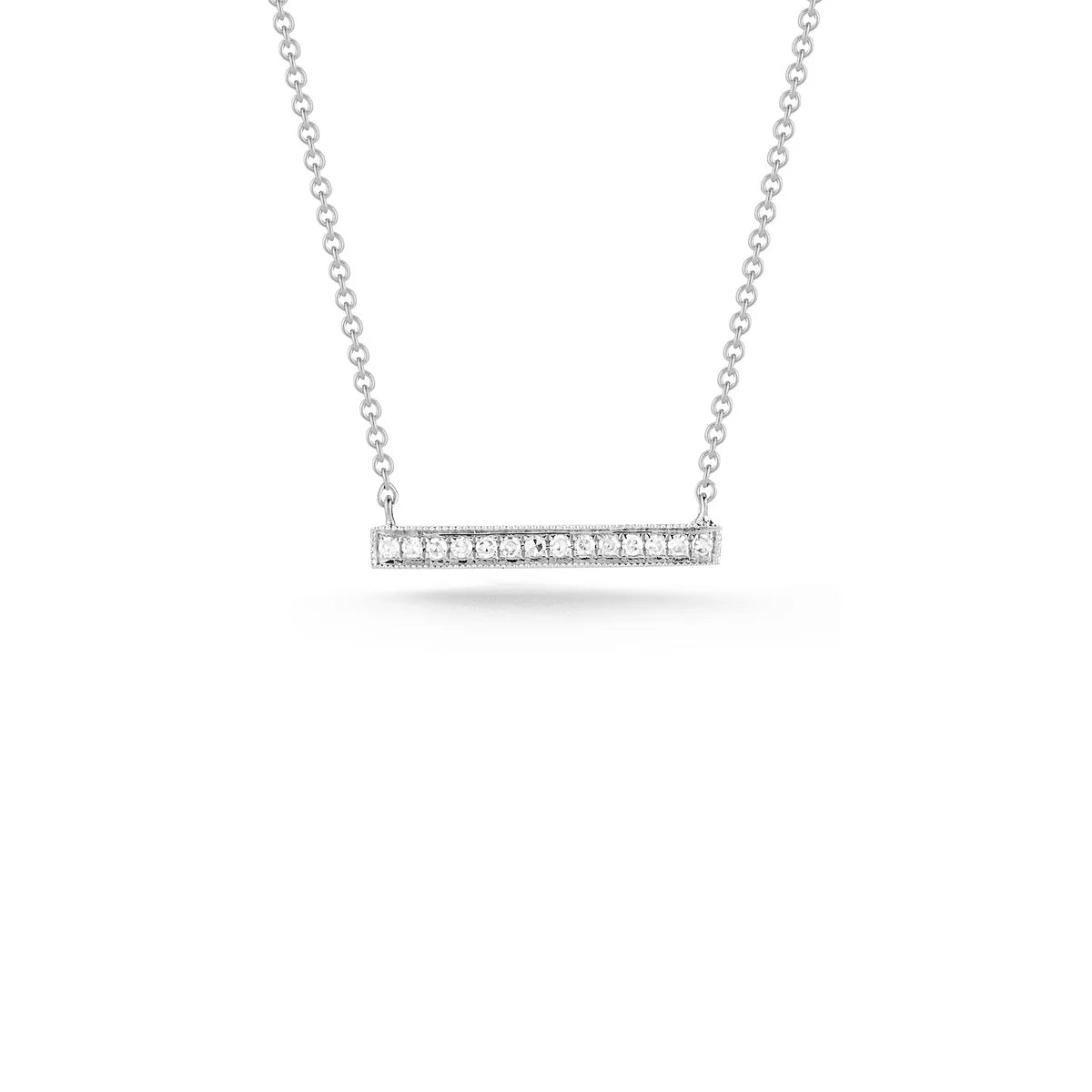 Product Shot of Sylvie Rose 14K white Gold Medium Bar Necklace on a white background.