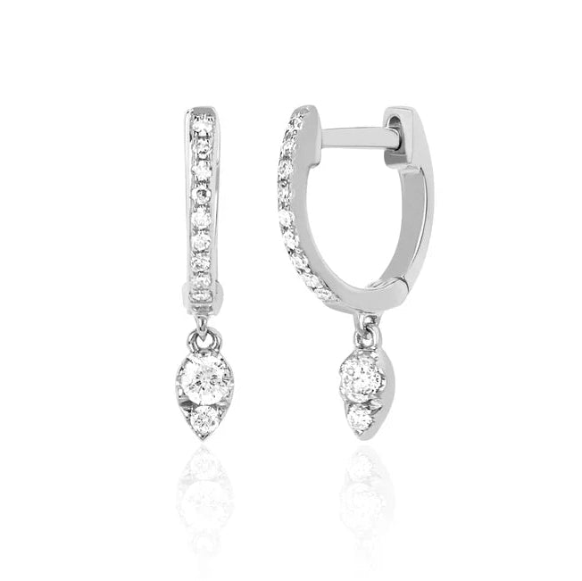 EF Collection Teardrop Diamond Mini Huggie Earring in white gold on white background. 