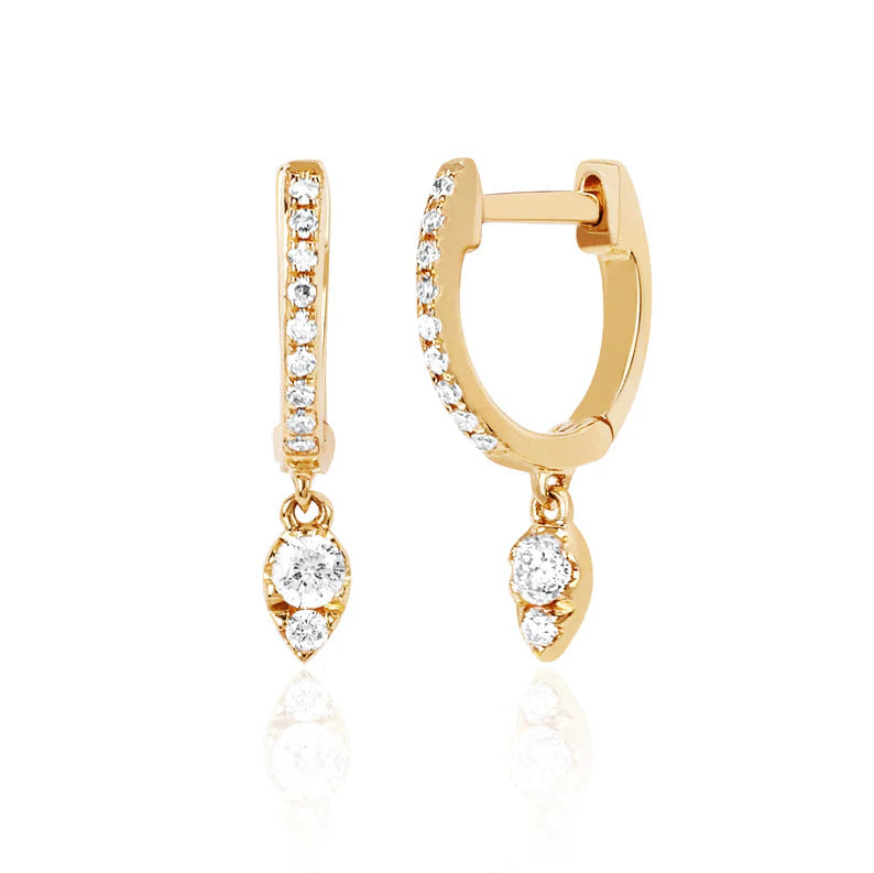EF Collection Teardrop Diamond Mini Huggie Earring in yellow gold on white background. 