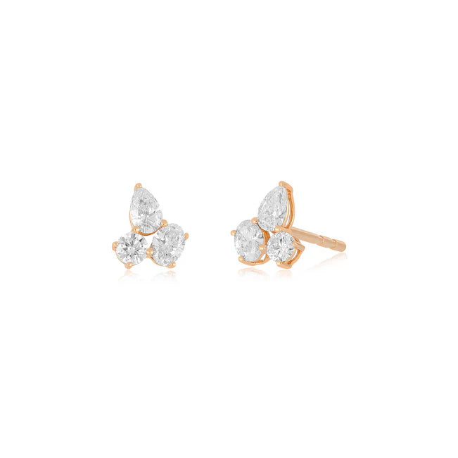 EF-Collection Triple Diamond Cluster Stud Earrings in rose gold on white background. 