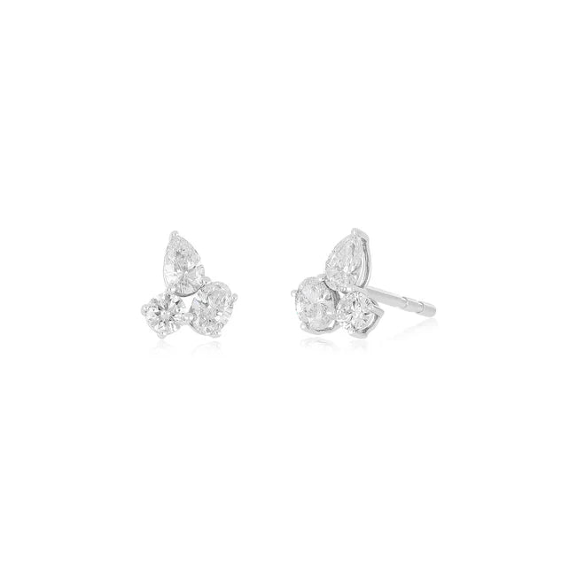 EF-Collection Triple Diamond Cluster Stud Earrings in white gold on white background. 