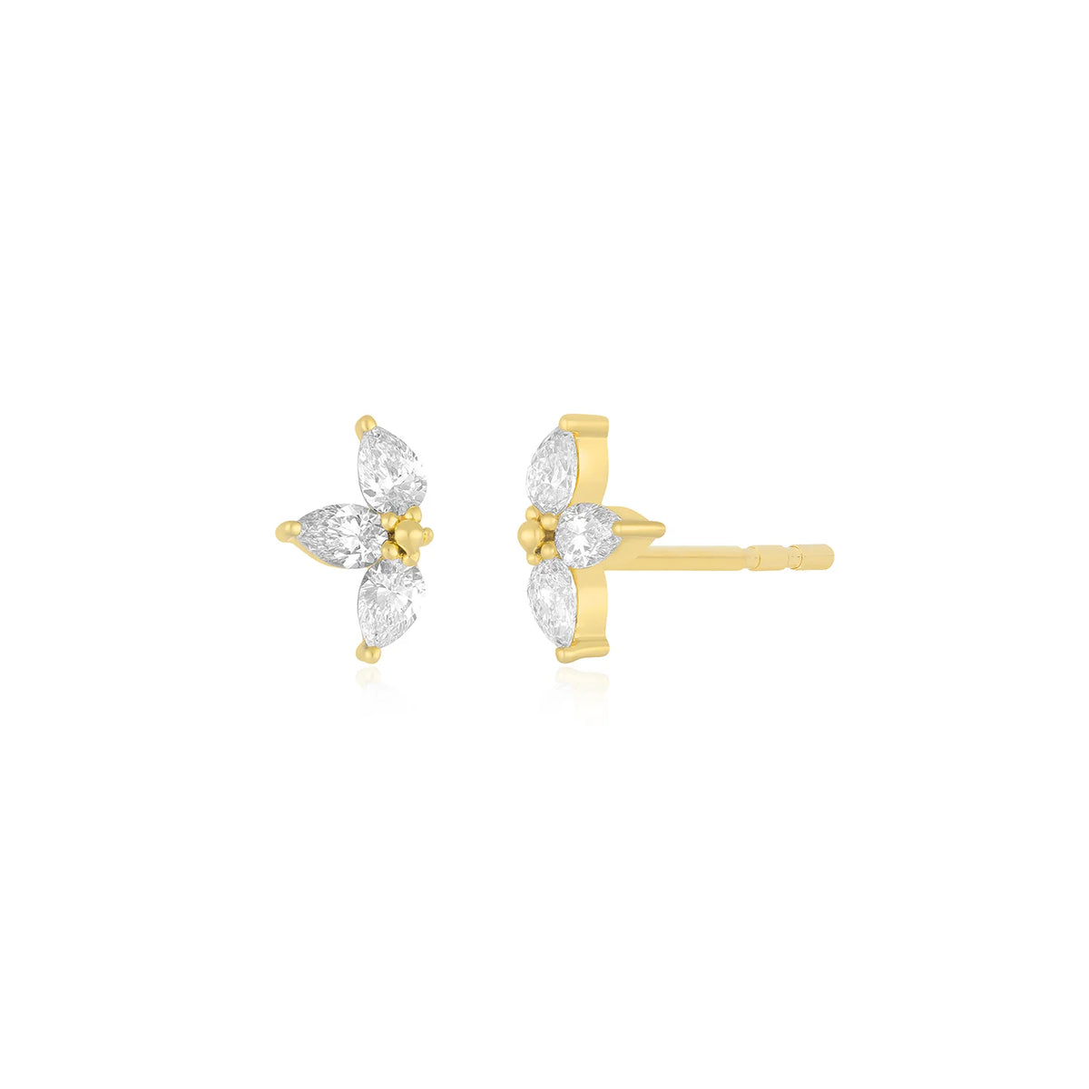 EF-Collection Triple Diamond Mini Pear Stud Earrings in yellow gold on white background 