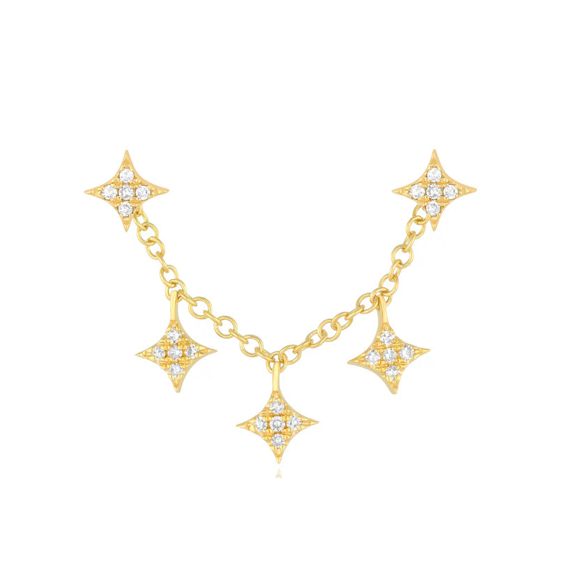 EF Collection Triple Diamond Sparkle Stud Earring Charm with Sparkle Studs in yellow gold on white background. 