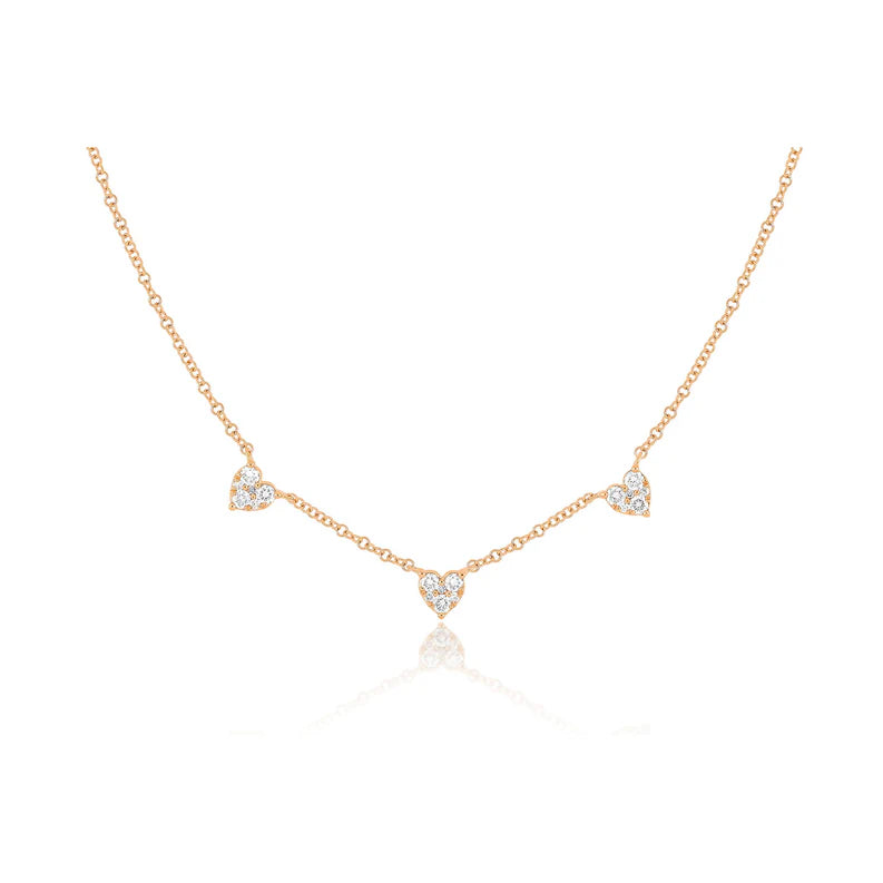 EF Collection Triple Full Cut Diamond Heart Necklace in rose gold on white background. 