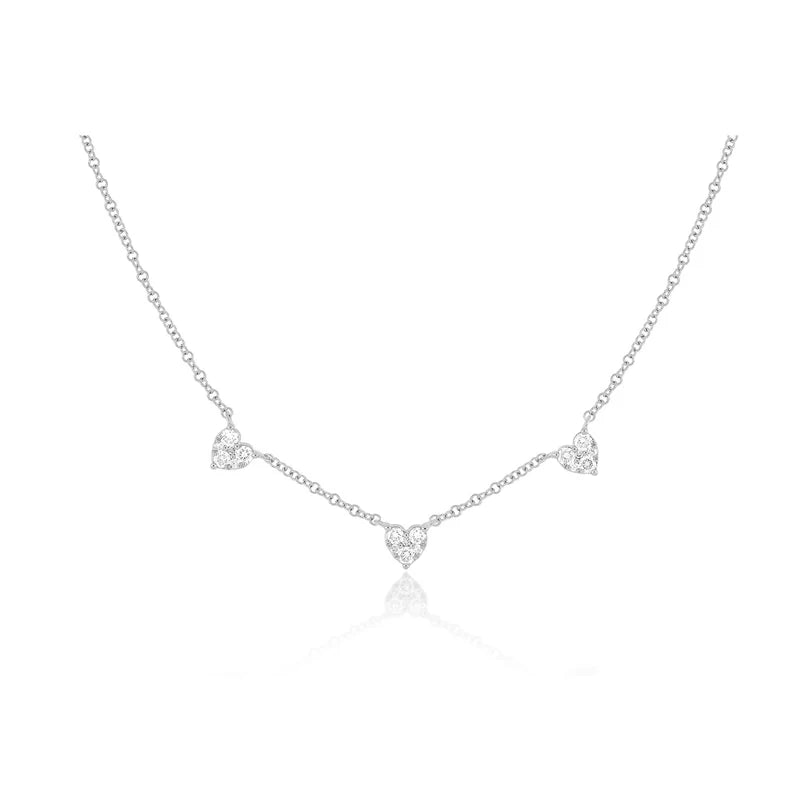 EF Collection Triple Full Cut Diamond Heart Necklace in white gold on white background. 