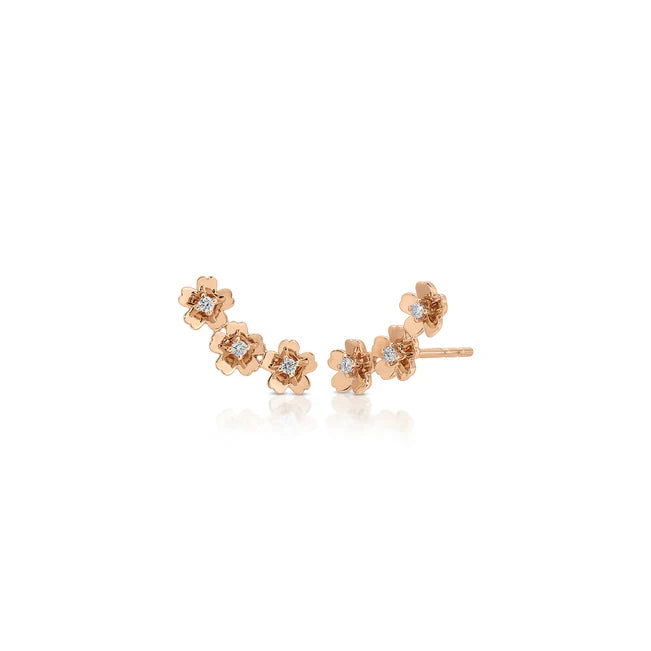 EF Collection Triple Gold and Diamond Mini Cherry Blossom Ear Climber in rose gold on a white background. 