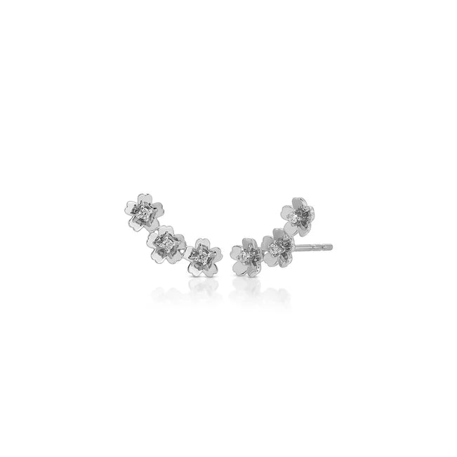 EF Collection Triple Gold and Diamond Mini Cherry Blossom Ear Climber in white gold on a white background. 
