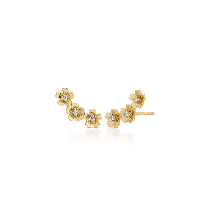 EF Collection Triple Gold and Diamond Mini Cherry Blossom Ear Climber in yellow gold on a white background. 
