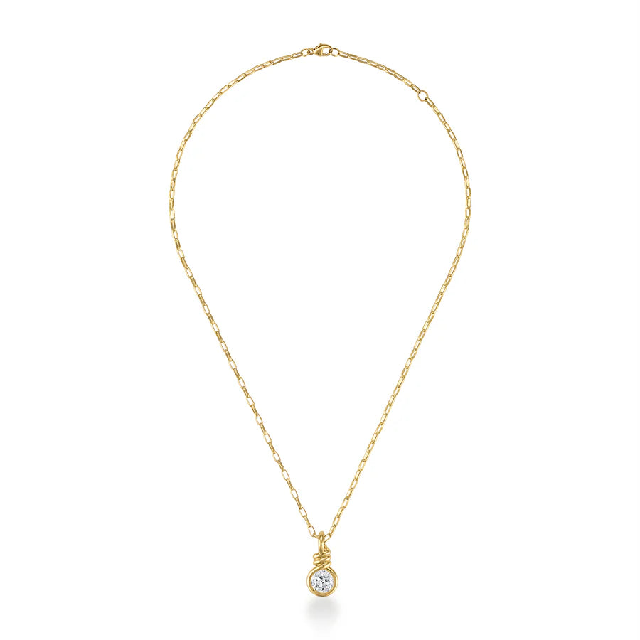 Full photo of Rosario Navia Twist Pendant Round Brilliant Diamond in yellow gold on white background.