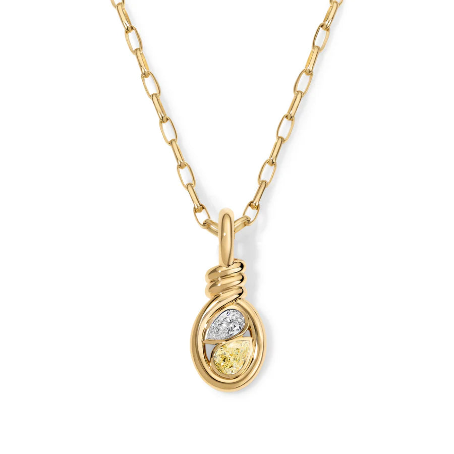 Rosario Navia Twist Two-Stone Pendant - Diamond & Yellow Diamond in yellow gold on white background 