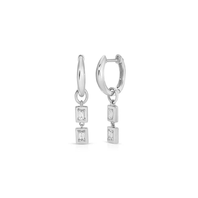 EF Collection Gold Frame Double Baguette Diamond Huggie Charm on Gold Dome Huggie Earring in white gold on white background. 