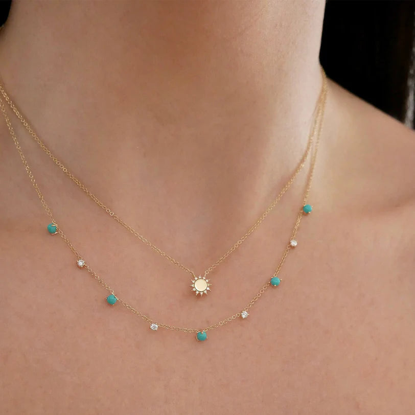 EF Collection You Are My Sunshine Diamond Necklace in yellow gold on models neck 